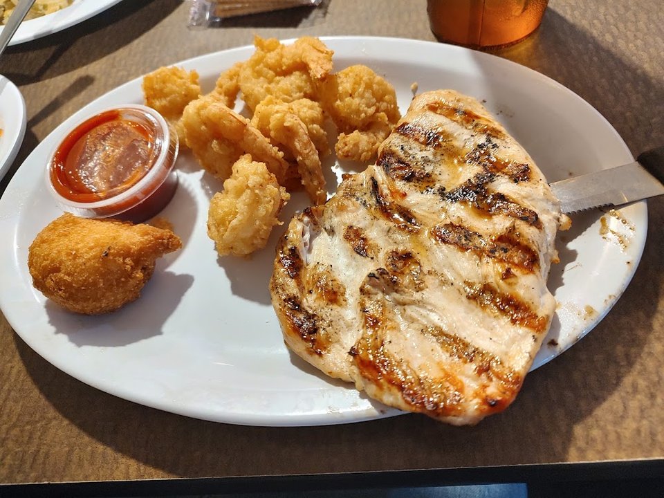 Grilled Chicken Fried Shrimp Hush Puppy