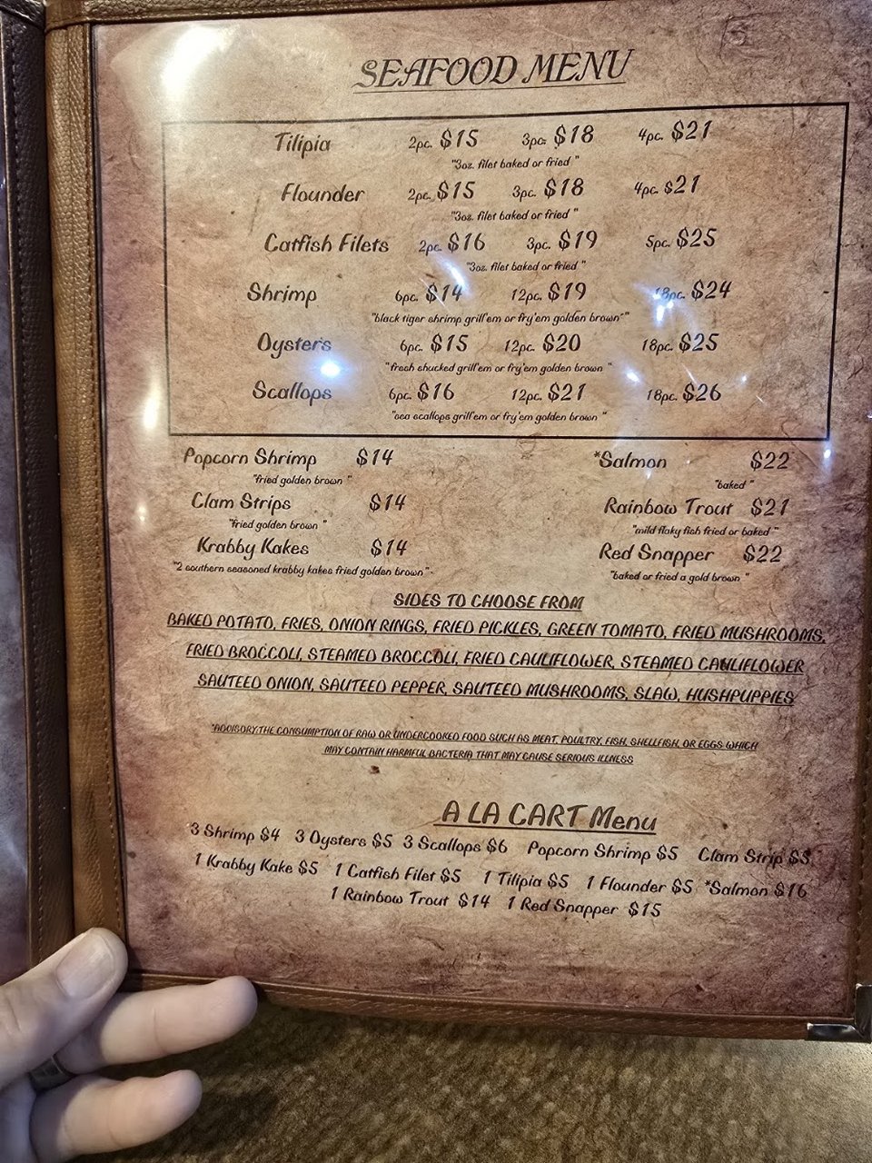 Menu page featuring fried shrimp and catfish.